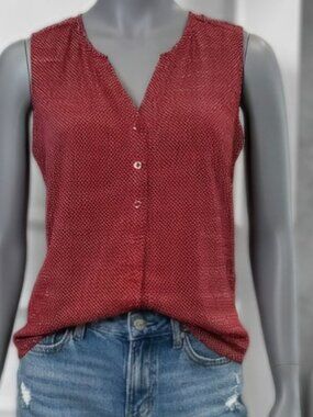 Grand & Greene Red White Dotted Split V-Neck Sleeveless Shell Tank Blouse M